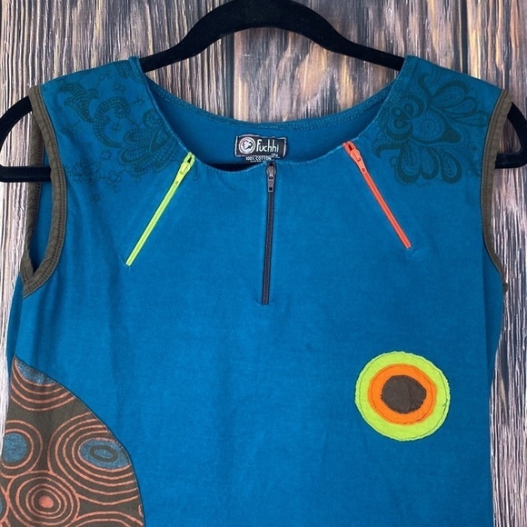 Fuchhi 💯 Cotton Blue Tunic With Zippers & Circular Print Details- Size Med - Picture 2 of 10